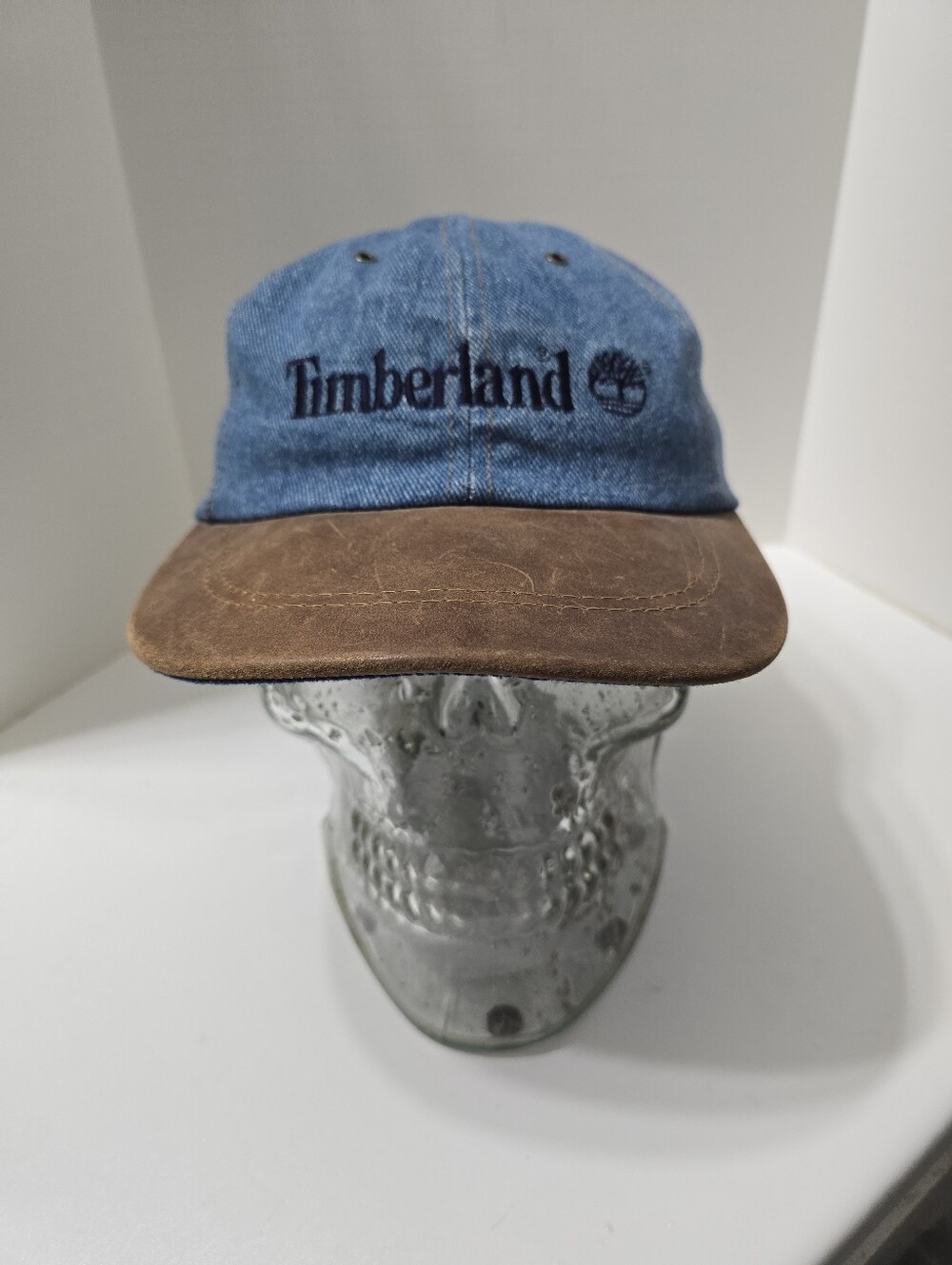 Vintage Timberland Blue Denim Cap with Brown Leather Brim